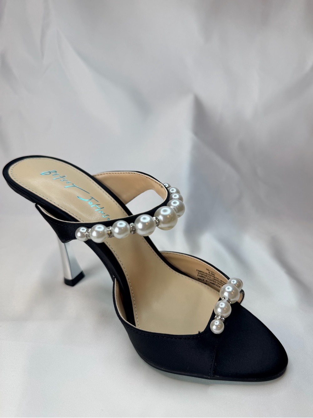 Betsey Johnson Black Satin Pearl Embellished Mule Heels Size 6.5 Slip on Sandals